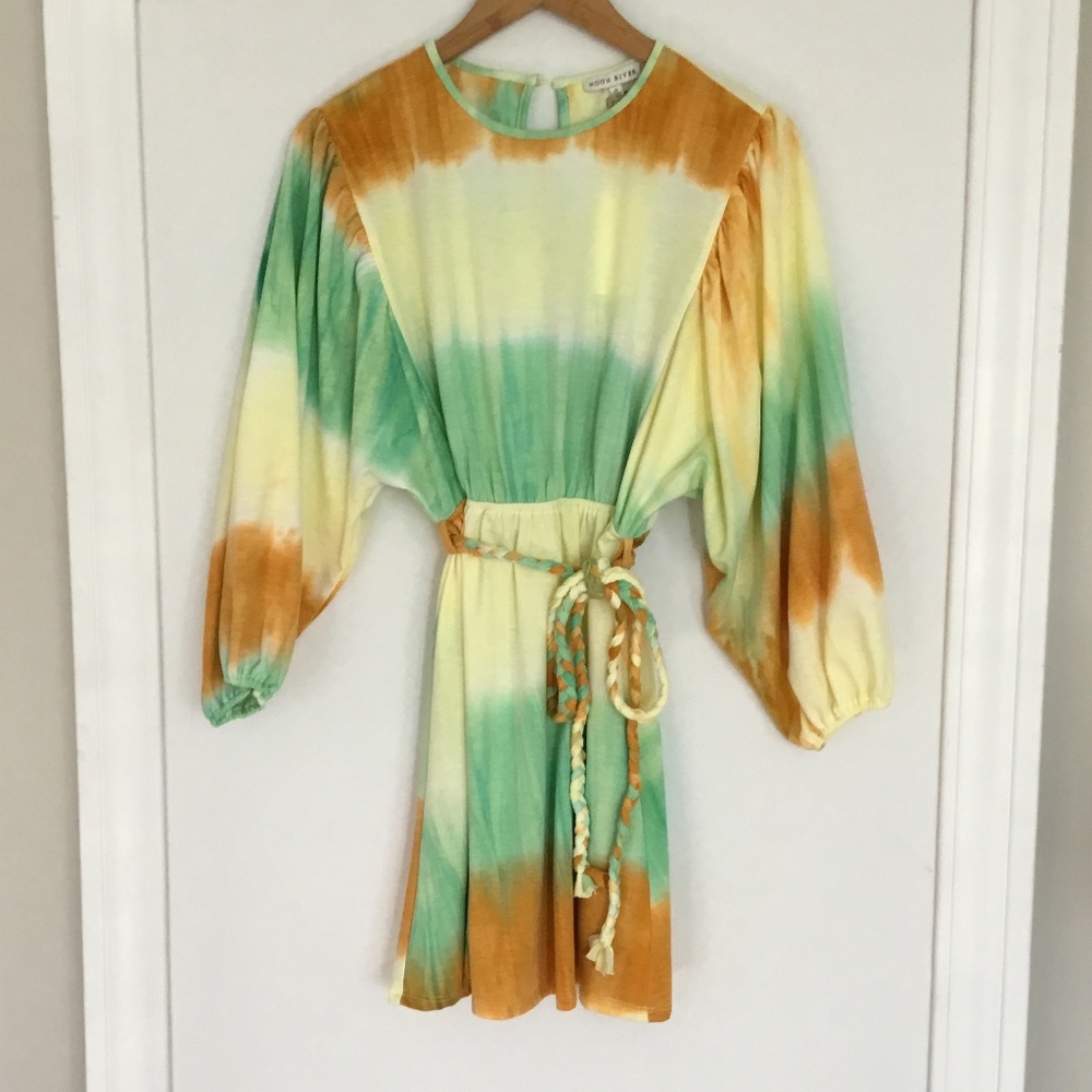 Long-sleeved Tie-dyed Dress with Braided Tie Belt